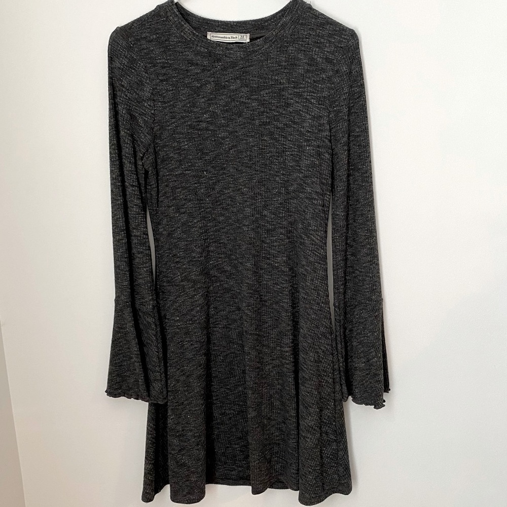 Abercrombie Charcoal Marled Flared Long Sleeve Short Knit Dress